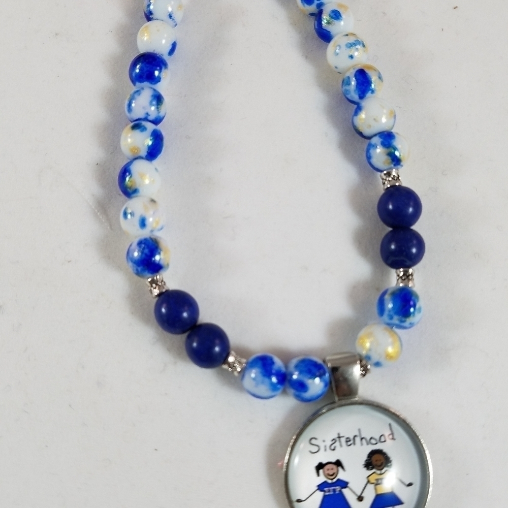 Hand Crafted Pendant Necklace Blue Gold White Sigma Gamma Rho Charm 26”